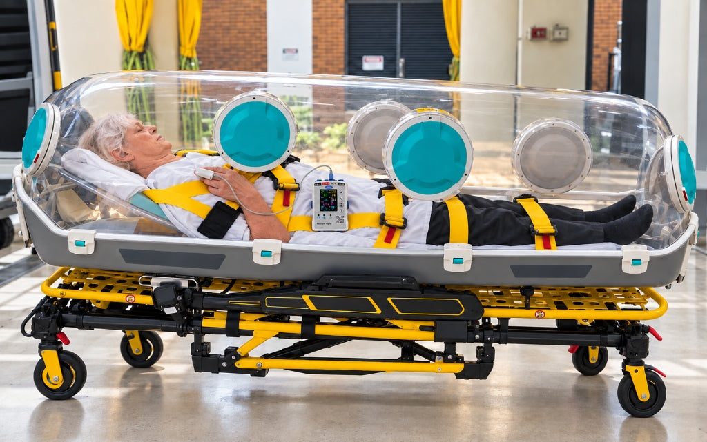 Patient in Negative Pressure Isolation Biocontainment Transport Pod with Recobro Vigile