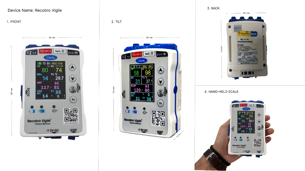 Recobro Vigile Multi-Angle Technical Dimensions and Hand-Held Scale